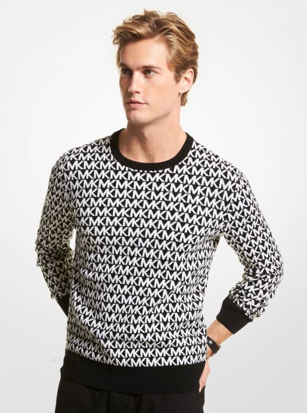Panske Svetre Michael Kors Logo Jacquard Merino Wool Čierne Biele - Oblecenie Michael Kors Slevy | MRVKD-1863